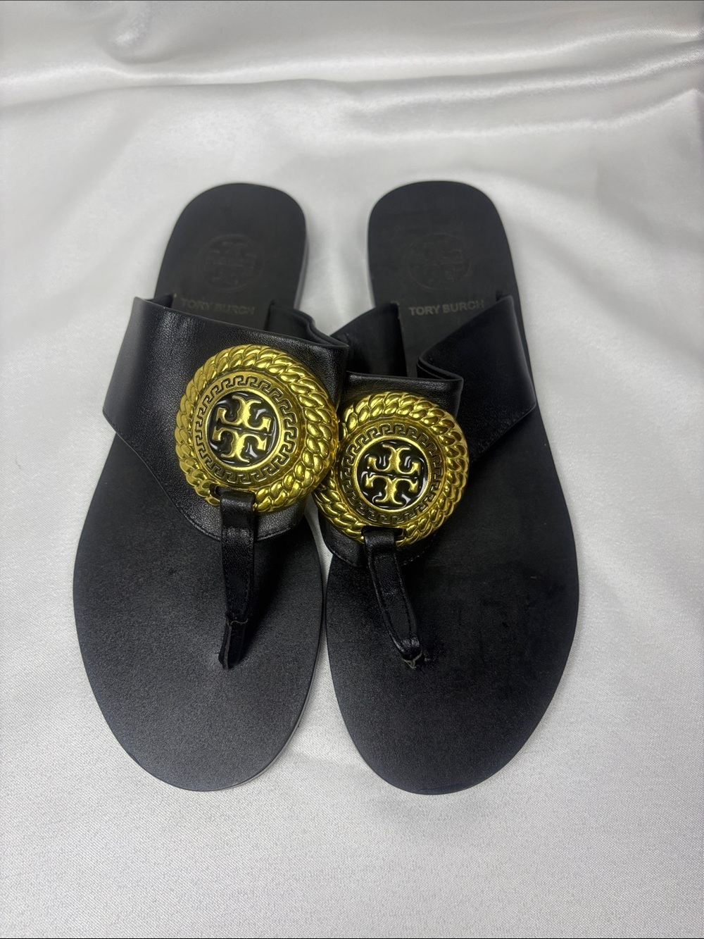 Tory Burch Black Leather Slide Sandals with Gold Medallion Detail